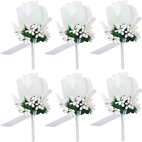 Febou White Wedding Rose Boutonniere with Pins for Men Wedding Best Man Groomsmen Corsage Groom Boutonnieres for Ceremony Party Prom (Boutonniere- White, 6 Packs)