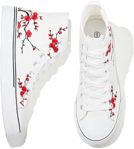 kufeiti Women's High Top Canvas Sneakers Canvas Shoes Lace up White Black Sneakers Casual Walking Shoes, Wf, 9 UK