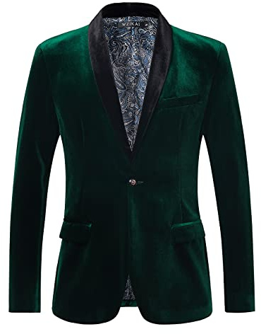 WZIKAI Män sammet blazer smal passform en knapp solid kostym jacka sportrock för bröllop bal middag fest, gRÖN, L