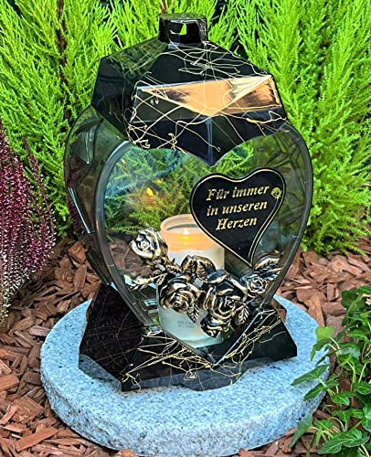 Lampada da tomba a forma di cuore, piccola oro – 1 forma con scritta per sempre nei nostri cuori, 28 cm di altezza – candela funeraria senza base e decorazione, nero – marmo efekt / dipinta a mano