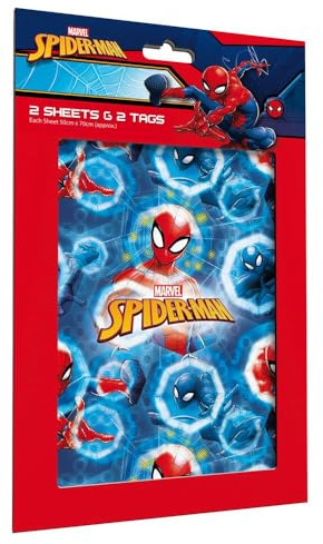 Marve Spiderman Wrapping Paper 2 sheets Of Gift Wrap And 2 Gift Tags, blue, red