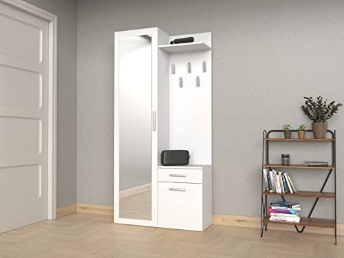 Oggi Ibiza Flurgarderobe mit Spiegel 100x180x35cm Kleiderbügel Schuhschrank Schrank aus 16mm Schichtstoffplatte Modisches Design Minimalistisch Modern Weiß