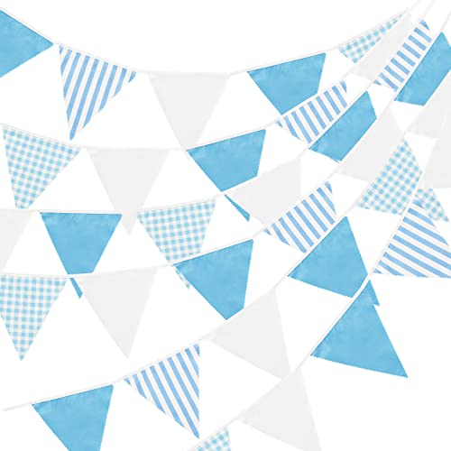 jijAcraft 12M Stoff Wimpel Girlande, Wimpelkette Streifen Blau Stoffgirlande mit 42 STK Farbenfroh Wimpeln für Hochzeits Geburtstag Garten Party