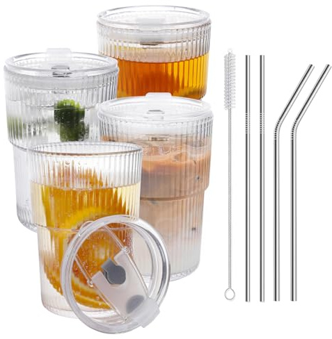 RÉΑLWÁY 16 OZ Iced Coffee Cups with Lids and Straws Set of 4, Unbreakable Plastic Drinking Glasses Reusable Iced Coffee Glass to Go Cup for Iced Tea,Juice, Water,BPA Free, Dishwasher Safe