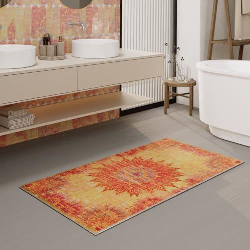 Wecon Home Healing Badteppich, 80 x 150 cm, gelb | waschbarer und rutschfester Vintage Badezimmerteppich mit orientalischem Muster, Eleganz und Komfort für jedes Bad
