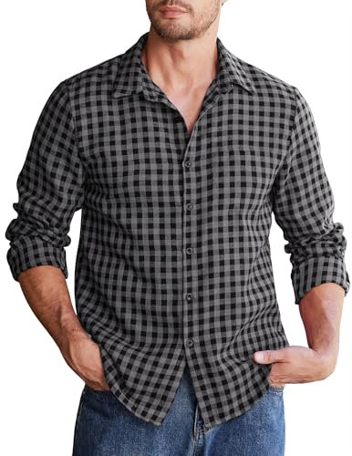 COOFANDY Herren Hemd Langarm Baumwolle Kariertes Freizeithemd Männer Regular Fit Casual Langarmhemd Basic Karo Shirt Schwarz-Grau L