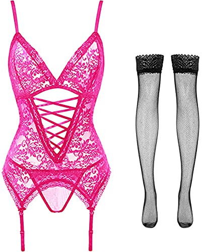 Women Lingerie Set Lace Bodysuit with Garter Belt Sexy Teddy Babydoll with Suspenders Thigh High Stockings Floral Strappy Underwear Deep V Neck Nightwear for Valentine Halloween Date (Pink, S-L)