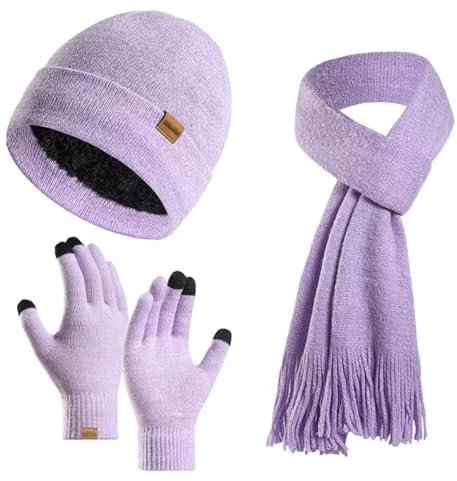 Tielag Damen Winter Warm Beanie Mütze Schal Handschuhe Set, Thermo Wintermütze Strickmütze, Touchscreen Handschuhe, Fleece Gefütterte, Winterschal mit Fransen, Taro lila