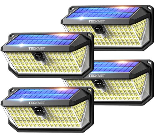 TECKNET 416 LED Solar Lights Outdoor Garden 4200Lm, Motion Sensor Garden Lights, 300° Angle & 3 Lighting Modes, Security Outdoor Wall Light IP66 Waterproof for Fence Front Door Yard Garage, 4 Packs