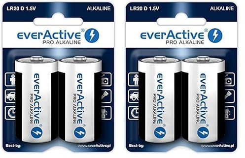 everActive D Lot de 4 Piles Pro Alcaline Mono LR20 R20 1.5V Haute Performance 10 Ans Durabilité - Lot de 4-1 Carte Blister,Emballage Peut Varier