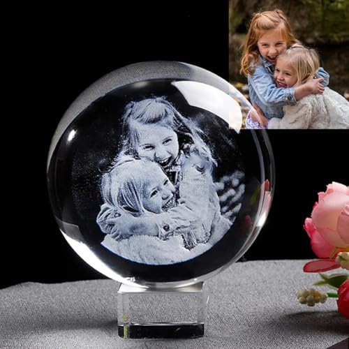 Shangyue Bola de fotos de cristal grabada con láser con base, bola de cristal fotográfica 2D personalizada, luz nocturna personalizada (con base de cristal, 6 cm)