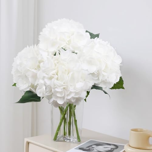 ZOES HOMDECO 4PCS Hydrangea Artificial Flowers 25 Faux Hydrangea Flowers, White Fake Hydrangeas Latex Real Touch Flowers with Stems for Home Decor Party Wedding Floral Arrangements