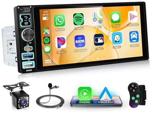 Rimoody trådlös CarPlay bilradio 1 DIN med trådlös Android Auto, Bluetooth 5.2, iOS/Android Mirror Link, 6,86-tums pekskärm, FM-radio, USB/TF/AUX/Type C, rattkontroller, backkamera
