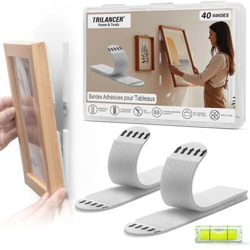 Trilancer Languettes Accroche Tableaux 20 Paires(40 Bandes)–Fixation & Retrait Sans Dommage,Sans Clous ni Outils,Bandes Adhésives Forte Tenue,pour Cadre,Murale,Décoration,Convient aux Surfaces Lisses