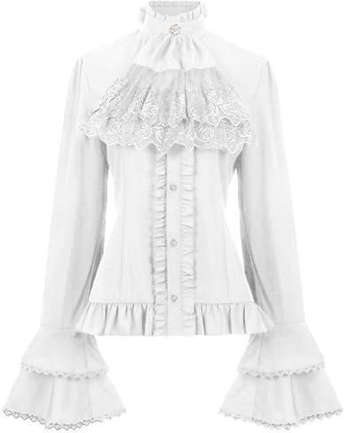 Generisch Chemisier victorien vintage pour femme - Col montant avec volants - Manches longues - Chemisier médiéval - Chemise rétro à manches longues - Costume de cosplay - Chemisier médiéval