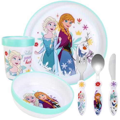 Frozen Kids 6 Piece Reusable Dinner Set - Cup, Bowl, Plate & Cutlery | Lightweight & Kid-Friendly Dinnerware Set Includes Knife, Fork & Spoon, Plastic Tableware Set | Easy to Hold Design