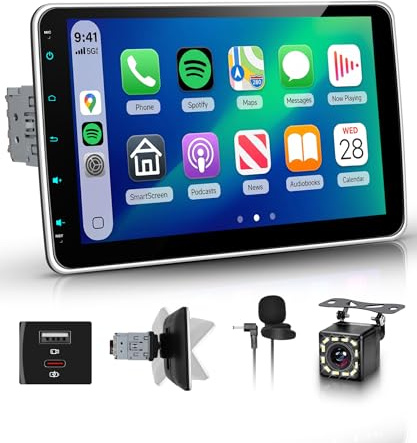 Hodozzy 1 Din RDS bilradio med trådlös CarPlay Android-bil, 10 tums avtagbar skärm med USB Type-C/Bluetooth 5,2/FM/EQ/SWC bakkamera