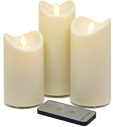 Tronje LED Outdoor Kerzen - 3er Set mit Timer u. Fernbedienung - 13/15/18cm Stumpenkerzen Creme - beweglicher Flamme - IP44 UV Hitzebeständig