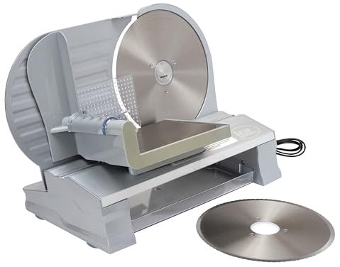 LEM Products 8 ½ Inch Aluminum Electric Meat Slicer Machine, Includes Two Stainless Steel Blades, Serrated and Fine, Silver