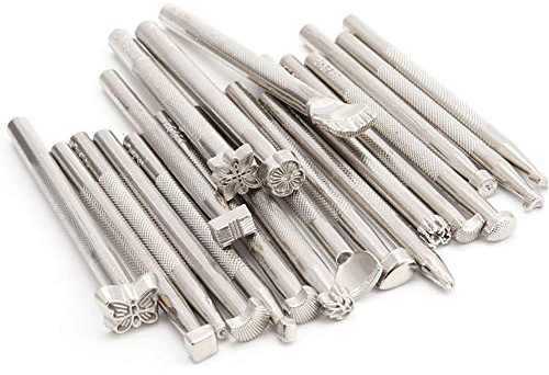 Schneespitze 20 Stück Leder Handwerk Werkzeuge Tool Kit,Leder Stempel,Design Briefmarken,Carving Werkzeug Ahle Punzieren Hammer Tracing Line Pen