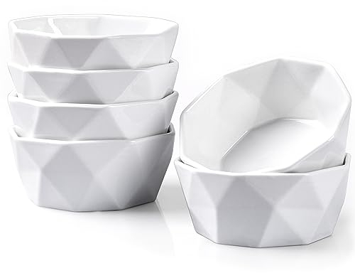 DELLING 4 Oz Ramekins Set of 6, Porcelain Creme Brulee Ramekins Oven Safe, Geometric Souffle Dishes for Baking Dessert Ice Cream, Small Ceramic Bowls Dishwasher Microwave Freezer Safe, White