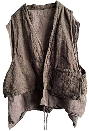 NFYM Women's Linen Vest Sleeveless Open Front Kimono Cardigan Hippie Vintage Waistcoat with Pockets (Grey, One Size)
