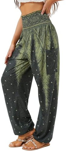 QIANXIZHAN Women's Harem Pants, High Waist Yoga Boho Trousers with Pockets Army Green 3XL