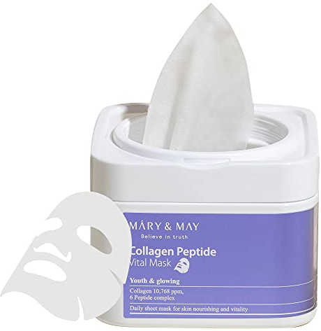 Mary&May Mascarilla Vital de Péptidos de Colágeno | 30 Unidades | Mascarilla Facial Coreana Diaria | Reafirmante y Cuidado de Arrugas | Minimiza Poros y Mejora Elasticidad | Colágeno y 6 Péptidos