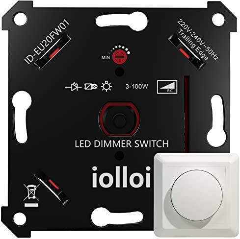 iolloi Dimmer Schalter, LED Dimmschalter 5–100W Unterputzdosen Drehdimmer für Dimmbare LED/Halogen Leuchtmittel (mit Abdeckung/ohne Klemmkrallen, LED 100W)