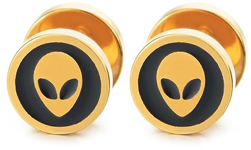 Uomo Donna Oro Acciaio Cerchio Alieno Cranio Orecchini con Nero Smalto, Finto Dilatatore Fake Cheater Plug Gauges,
