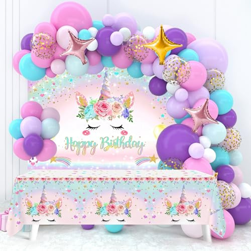 122pcs Unicorn Birthday Party Balloons Decorations, Unicorn Theme Balloon Arch Kit with Pink Purple Blue Balloons Tablecloth Background Banner, Pastel Balloon Arch Kit for Kids Party Decorations