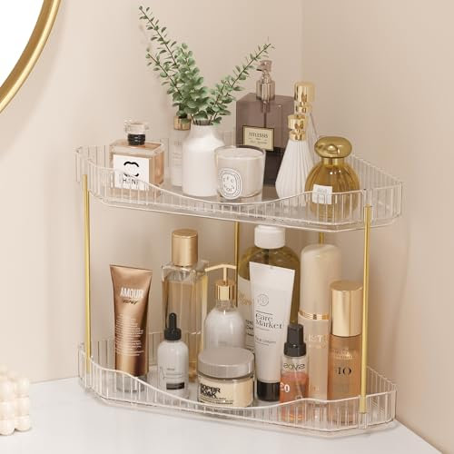 Lifewit 2-Tier Perfume Organiser, Bathroom Countertop Storage, Plastic Makeup Skincare Organiser, Vanity Trays Counter Shelf, Corner Shower Caddy, Corner Storage in Dresser, Bedroom, Kitchen, Clear