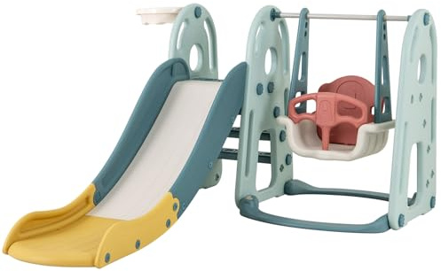 COSTWAY 4 in 1 Toddler Slide and Swing Set, Freestanding Baby Slide Playset with Basketball Hoop, Indoor Children Activity Center for 18+ Months Old