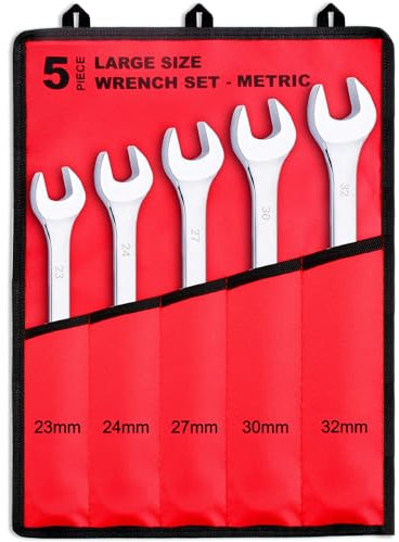 EFFICERE 5-Piece Add-on Large Size Metric Combination Wrench Set, 23mm, 24mm, 27mm, 30mm, 32mm | Chrome Vanadium Steel, Long Pattern, 12-Point | Great for Auto, Truck, Tractor and Machinery Repairs