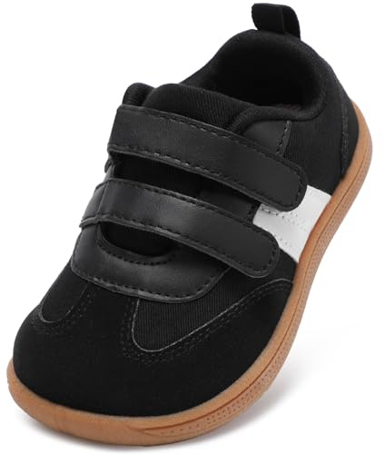 STQ KIDS Boys Trainers Wide Fit Toddler Barefoot Shoes First Walking Shoe Lightweight Non Slip Soft Daycare Sports Running Tennis Sneaker Black White 7 UK Toddler