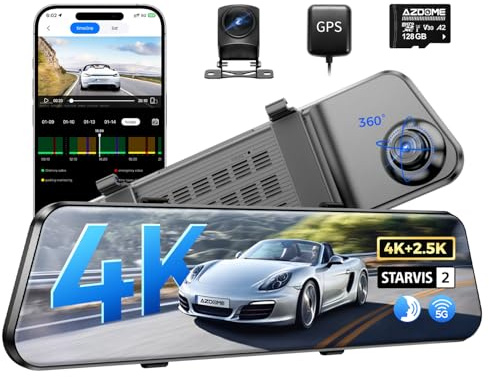 AZDOME 4K + 2.5K HDR Dashcam Auto Delantero Trasero con 5 GHz WiFi Cámara de Coche con Tarjeta de 128 GB, Pantalla táctil IPS Dual Dash Cam Espejo, Super Visión Nocturna, Voz, Monitor de aparcamiento