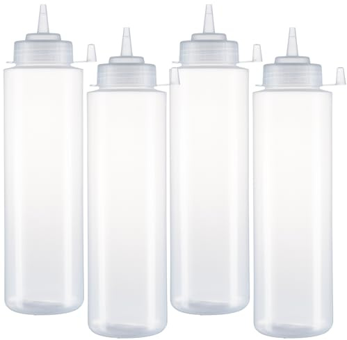 HR Hogar - Botella de Salsas Exprimible - 4 Piezas de 750 mL - Dispensadores Reutilizables y Reciclables | Fabricado en España | Biberón Cocina Sin BPA con Tapón Antifugas Sin Goteo (Transparente)