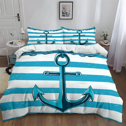 Srigzcaly Bettwäsche Set 200 x 220 cm 3-teilig Maritim Element Anker Streifen Wendebettwäsche, Gebürstet Microfaser Weiche Atmungsaktiv & Kuschelig - Weiß Bettbezug mit Reißverschluss