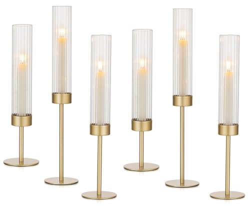 Hewory Ljusstake, guld, glascylindrar för stearinljus: set med 6 metallljusstakar, stavljus för vardagsrum, dekoration, vintage, stavljushållare med vindljus, glas, stor för jul, bröllop