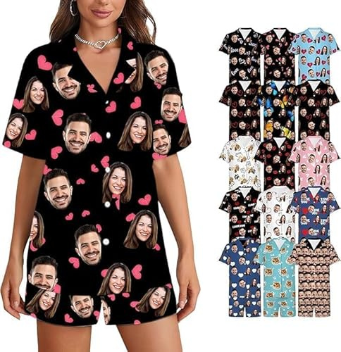 Pyjama personnalisé pour femme avec photo de visage - Ensembles de pyjama personnalisés pour femmes - Ensembles de vêtements de détente d'été pour femmes Cadeaux personnalisés pour femmes Multicolore