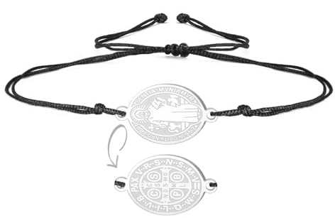 EUEAVAN Bracelet médaille Saint Benoît Bracelet San Benito double face en corde rouge porte-bonheur fait main Croix Saint Patron Amulette Bijoux chrétiens catholiques Cadeau religieux (Noir)