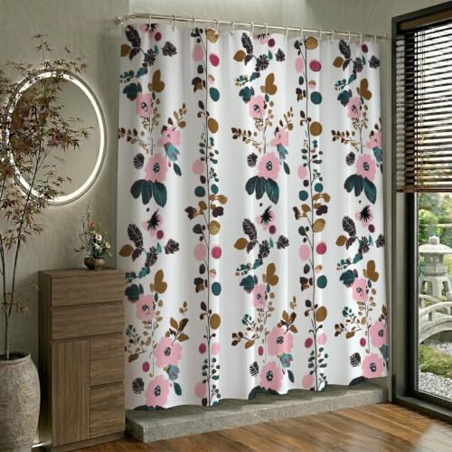 Duschdraperi 150 x 180 cm rosa, duschdraperier tvättbar textil polyestertyg med 12 öljetter och duschdraperiringar för badkar gardin, vattentätt duschdraperi med vikt nedtill (blomma) W-P422