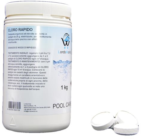 LordsWorld Pool Care - Cloro Pastiglie 30 Grammi a Rapida Dissoluzione - Dicloro Choc Disinfettante per Mantenimento Acqua Piscina Fuori Terra, Spa, Jacuzzi e Piscine Interrate (1Kg)