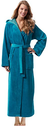 Morgenstern Bademantel Damen mit Kapuze in petrol türkis lang leicht Frauen Damenbademantel Hausmantel Duschmantel Baumwolle Microfaser Viskose Größe L