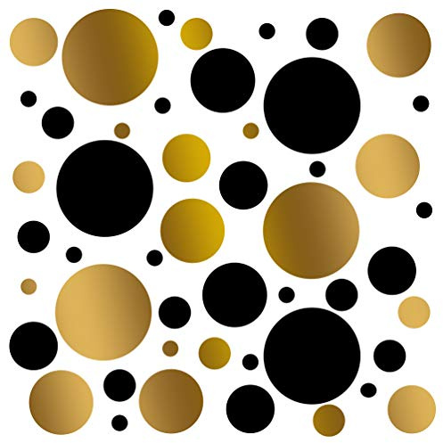 Set of 100 (Black/Gold Combo) Vinyl Wall Decals - Assorted Polka Dots Stickers - Removable Adhesive Safe on Smooth or Textured Walls Round Circles Bathroom Kids Room Nursery Decor