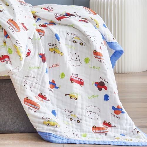 J-pinno Cars Cute Muslin Blanket Reversible 100% Cotton 6 Layer Quilt Bed Blanket Soft Warm Throw Sofa Couch Toddler Kids Cartoon Travel Coverlet Sheet (Cars, Crib 45 X 60)