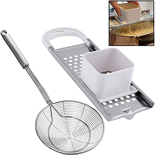 Premium Grade Stainless Steel Spaetzle Maker with Safety Pusher, Stainless Steel Spider Strainer Skimmer Spoon Pasta Strainer, Homemade Traditional German Egg Noodle Dumpling Making Tool Set