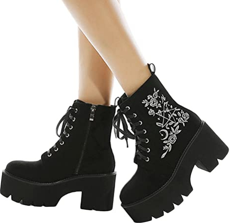 Minetom Bottines Femme Plate-Forme Gothique Chaussure PU Cuir Hiver Botte Lacets Bottines De Neige Cheville Botte Chaussures D'Étudiant Universitaire A Noir 39 EU