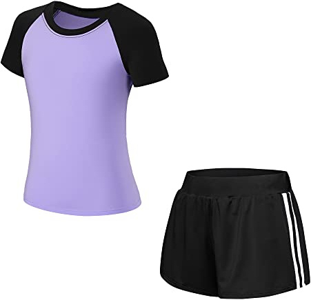 Barn flickor pojkar träningsoverall 2/3 delar sportdräkt jogging kläder set fritidsoverall (skjorta + byxor) träning löpning fotboll basket tröjor yoga (välj ett nummer mindre), 140 cm