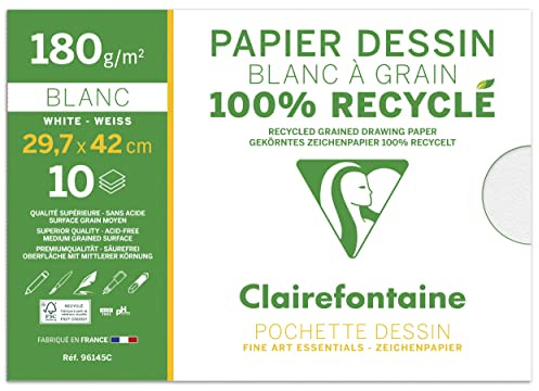 Clairefontaine 96145C - Pochette Dessin Scolaire - 10 Feuilles Papier Dessin Blanc à Grain 100% Recyclé - A3 29,7x42 cm 180g - Idéal pour les Arts Plastiques